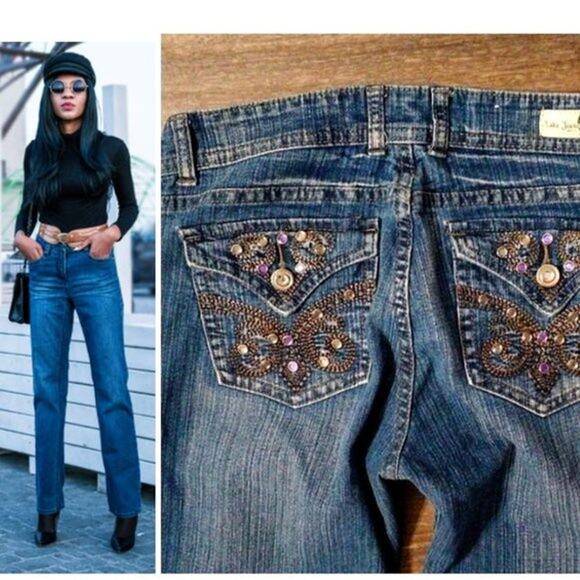 Y2K Kaba Jeans Jeweled Jrs Size 11 28W x 40L Straight Leg Embellished Boho Vntg - Picture 1 of 16